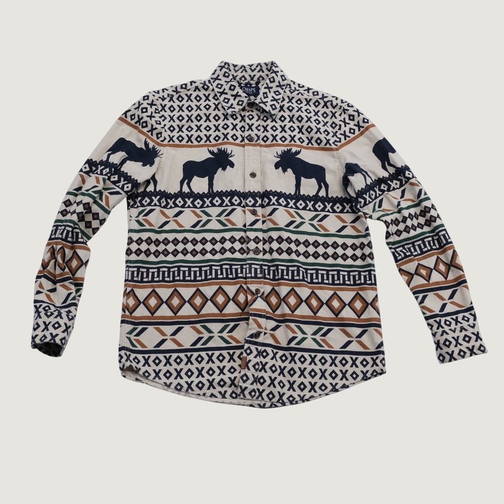 Chaps‎ Button Down Mens Cream Moose Fair Isle Cabin Medium Long Sleeve Shirt